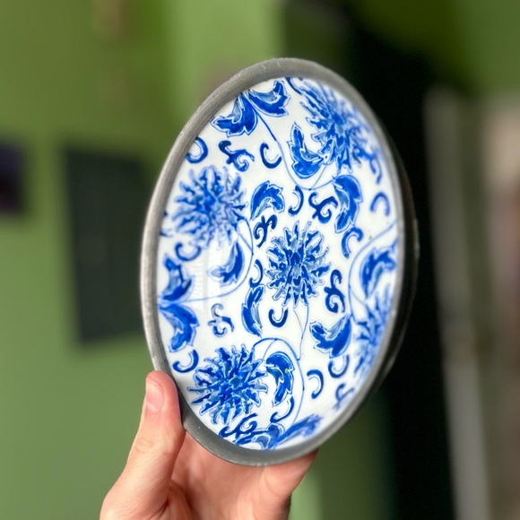 VTG Oriental Porcelain Plate In Metal Encasing Cottagecore Floral Bowl Decor - Picture 2 of 5